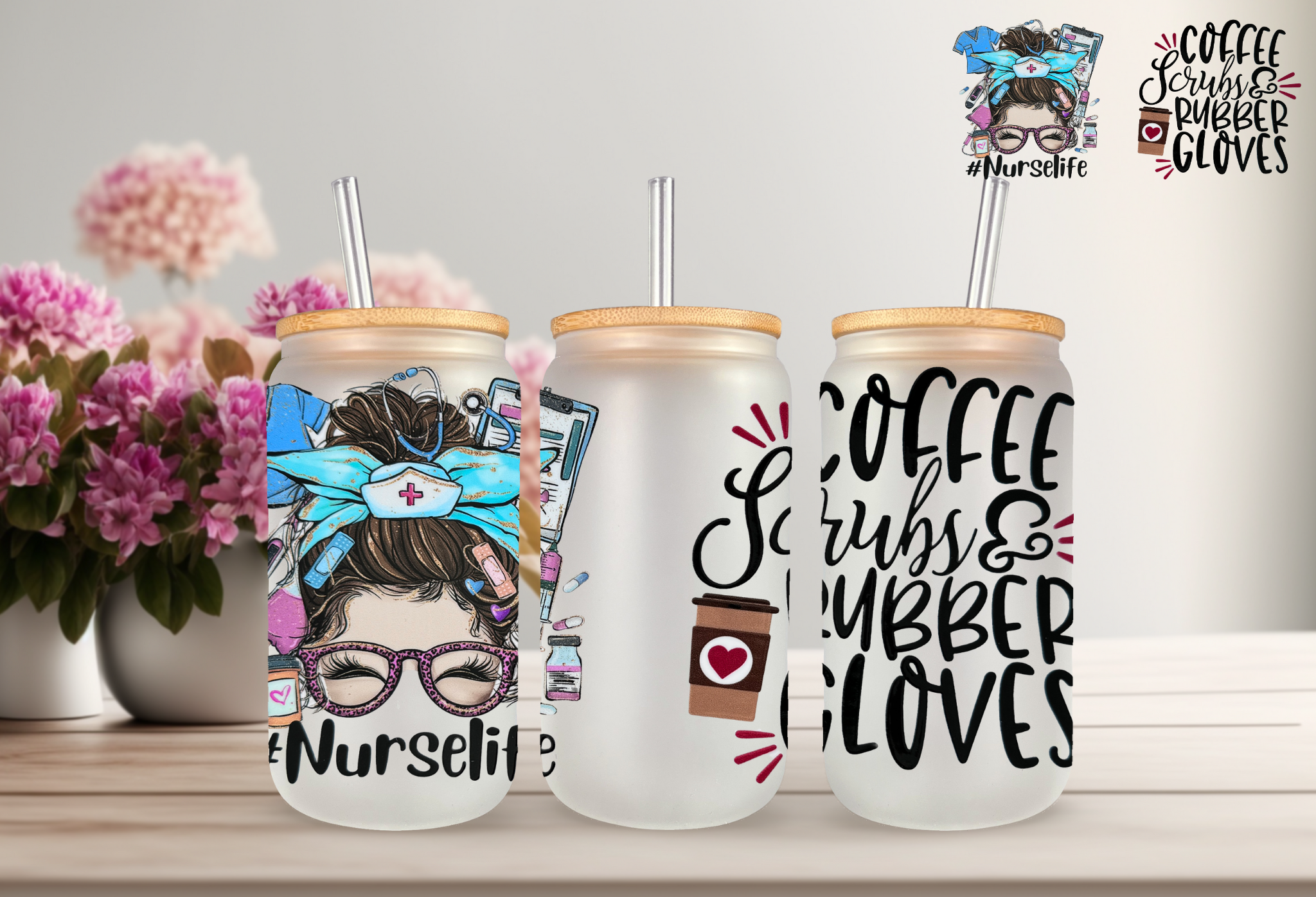 Nurse Life Frosted 16 oz Glass Libby Cup with Straw