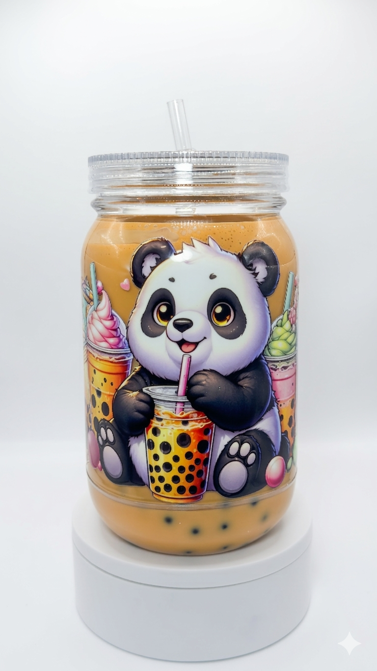 Panda Boba Tea 24 oz Mason Jar Snow Globe