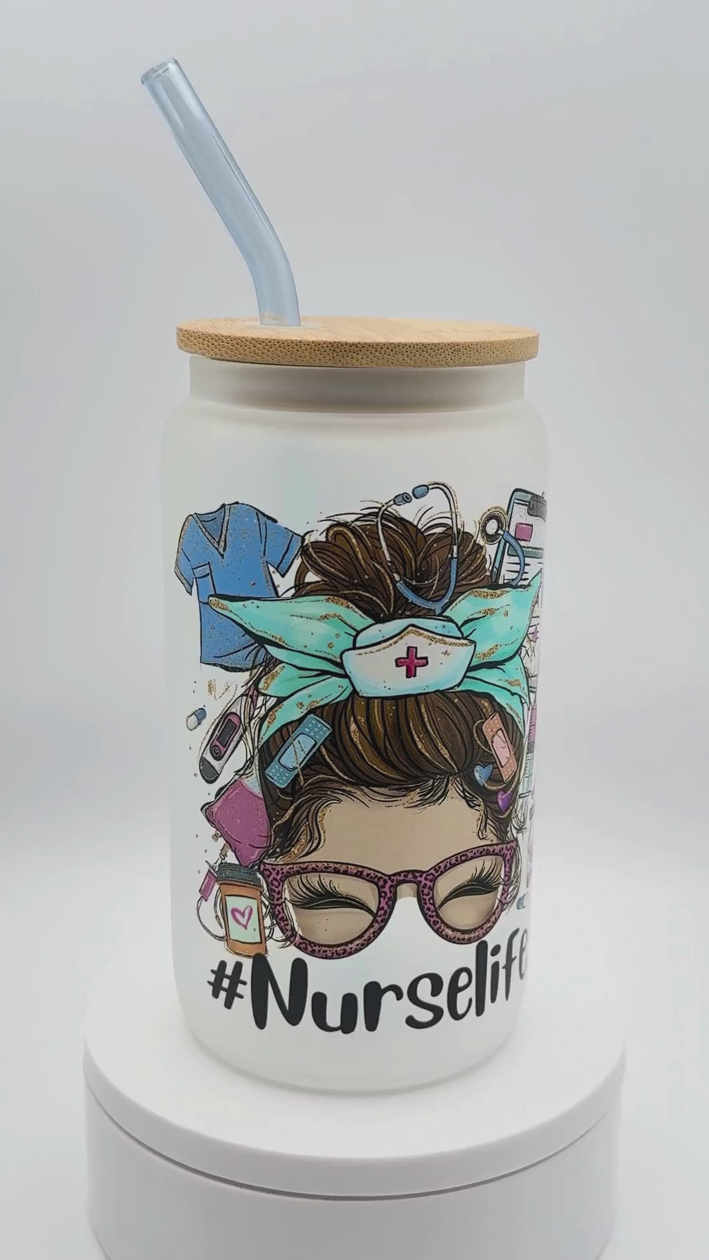 Nurse Life Frosted 16 oz Glass Libby Cup with Straw