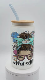 Nurse Life Frosted 16 oz Glass Libby Cup with Straw
