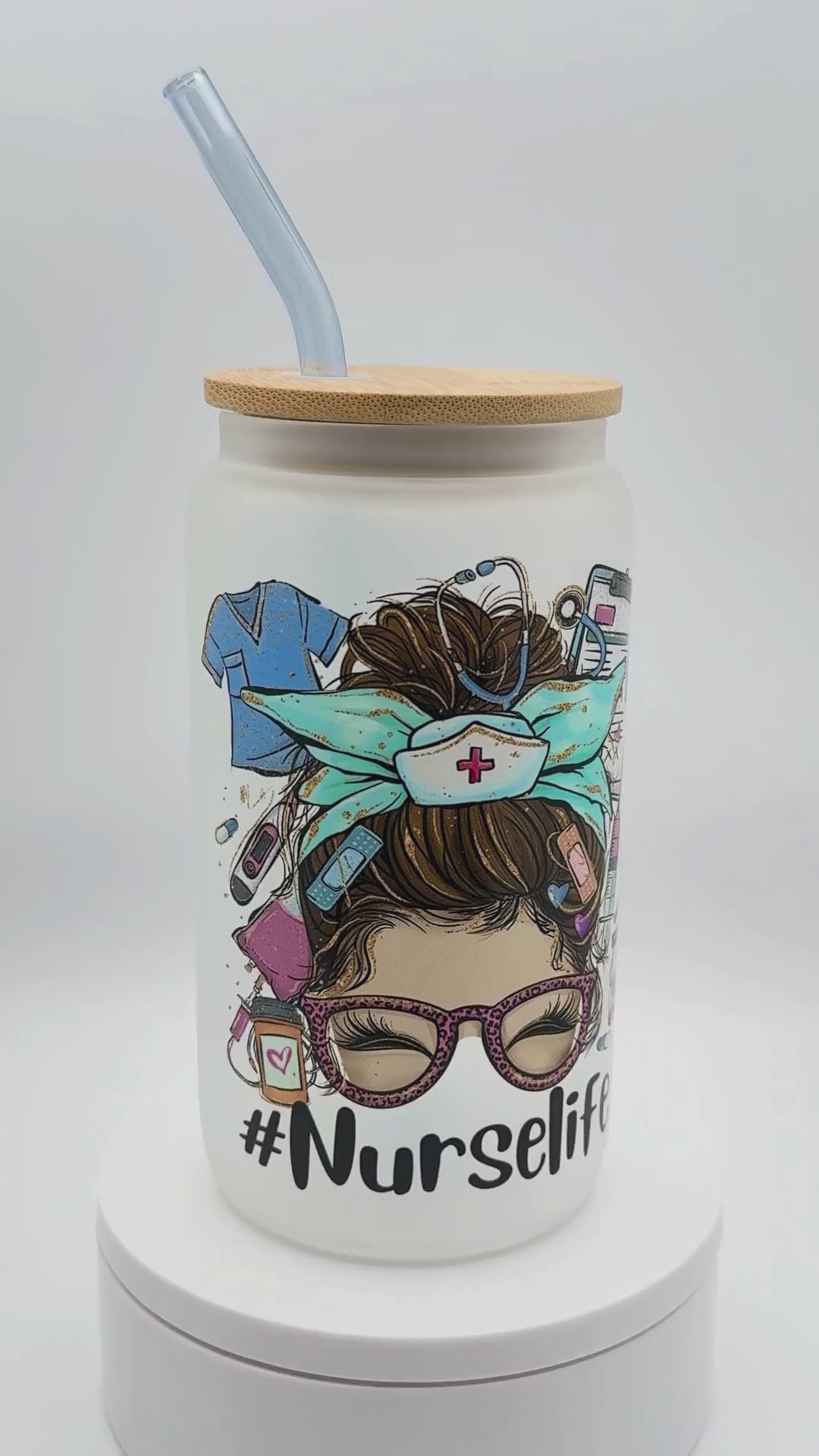 Nurse Life Frosted 16 oz Glass Libby Cup with Straw