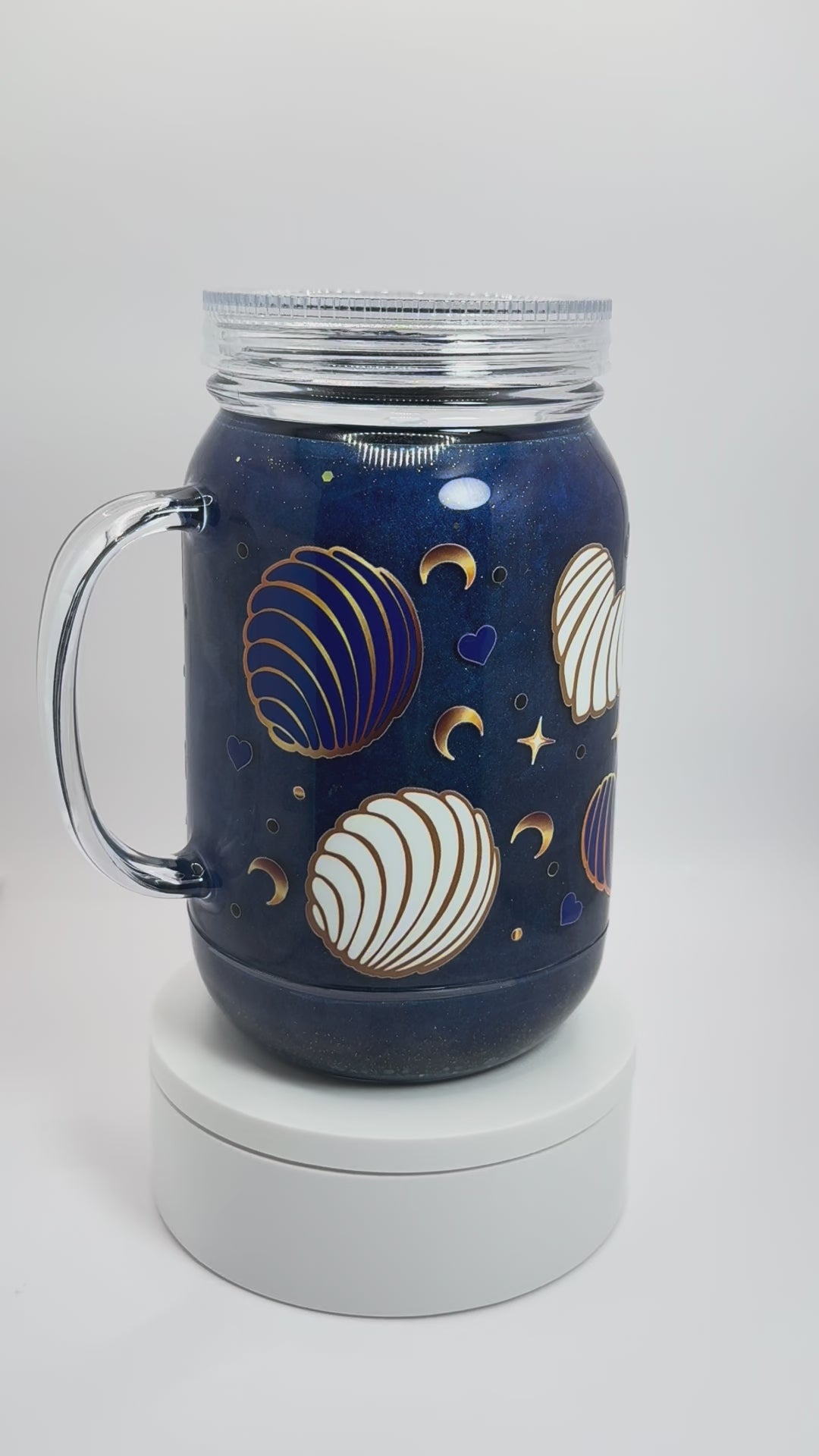 Conchas Blue and Gold 24oz Snow Globe Mason Jar with Straw